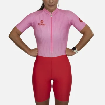 Women pink on fire cycling skinsuit